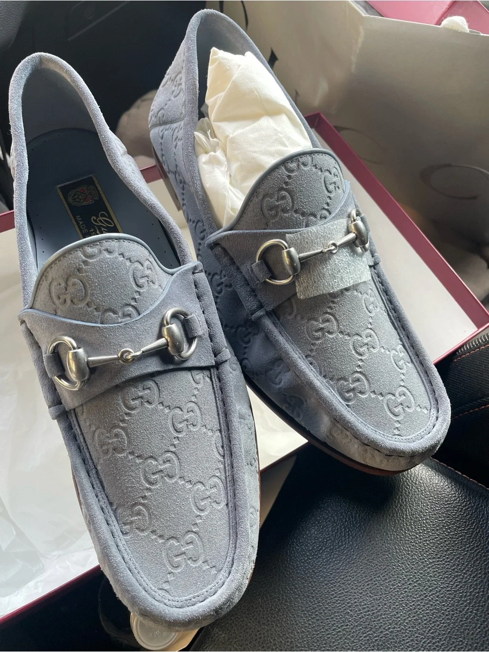 Gucci Men's Grey Suede GG Embossed Horsebit Loafers
